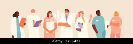 Gruppe freundschaftlicher medizinischer Fachkräfte. Ärzte, Pfleger, Krankenschwestern Vektorfiguren Stock Vektor