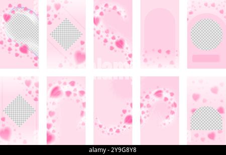 Eine Reihe von Instagram-Story-Vorlagen mit rosa Herzmotiven. Stock Vektor