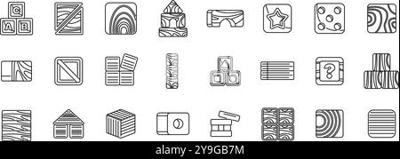 Holzwürfel-Blocksymbole gesetzt. Sammlung von Strichsymbolen, die verschiedene Holzspielzeuge darstellen, perfekt zur Illustration von Kindheit, Bildung oder Spiel Stock Vektor