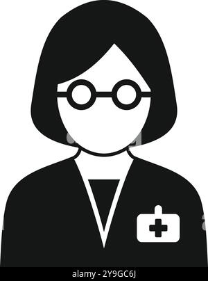 Einfache schwarz-weiße Ikone einer Ärztin mit Brille und weißem Mantel mit Abzeichen Stock Vektor