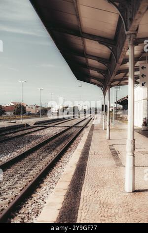 Ein vertikaler Schuss eines verlassenen Bahnsteigsteigs mit leeren Bahngleisen, die sich in die Entfernung erstrecken. Überdachter Unterstand mit Stützsäulen aus Metall Stockfoto