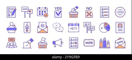 Abstimmungs- und Wahlsymbole im linearen Stil mit bearbeitbarem Kontur. Abstimmung, Wahlkampf, Demokratie, Politik. Vektorabbildung Stock Vektor