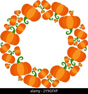 Erntetag, Thanksgiving-Tag, halloween-Cartoon-Rundkreis-Rahmen mit Kürbissen. Vorlage zum Erstellen von Postkarten, Weihnachtsflyern, Anzeigen Stock Vektor