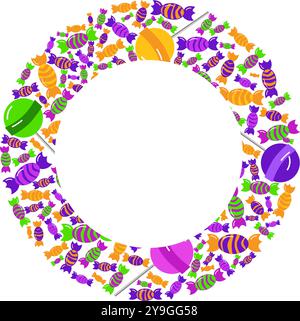 Kreisrahmen mit Bonbons und Lollypops. Happy Sweetest Day und halloween. Vektorhintergrund. Vorlage für Poster, Postkarten, Karten, Banner, Packagi Stock Vektor
