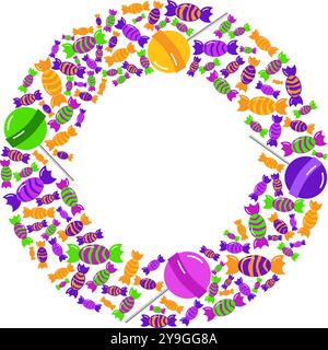 Vorlage für den Text. Runder Rahmen aus Süßigkeiten und Süßigkeiten. Karte für den Happy Sweetest Day und halloween. Vektorabbildung Stock Vektor