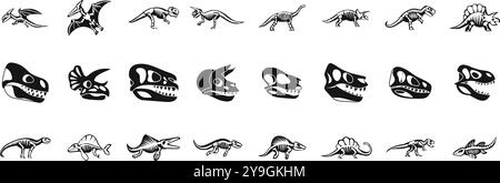 Dinosaurier Skelett Symbole gesetzt. Dinosaurierskelette zeigen Anatomie prähistorischer Tiere, die vor Millionen Jahren lebten Stock Vektor