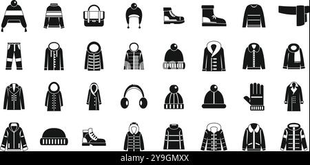 Wintersymbole in der Garderobe. Große Auswahl an Ikonen für Winterkleidung, die verschiedene Styles für kaltes Wetter zeigen, mit Hüten, Jacken, Handschuhen und Stiefeln Stock Vektor