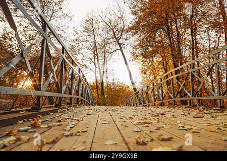 Eine ruhige Holzbrücke, bedeckt mit Herbstlaub, lädt zum Erkunden durch den ruhigen Waldweg ein. Leuchtend orange und gelbe Blätter bedecken einen rus Stockfoto
