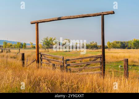 Ein alter Holztor mit seitlichen und oberen Holzpfosten kennzeichnet den Eingang zum Bauernfeld. Das Gras und die Bäume färben sich gelb und signalisieren auf den Bauernhof. Stockfoto