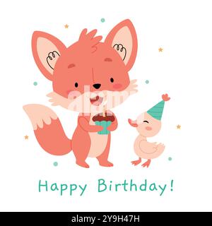 Geburtstagskarte. Kinderfiguren Fuchs und Ente blasen eine Kerze auf einem Cupcake aus. Stock Vektor