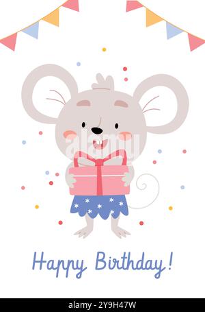 Geburtstagskarte oder Poster für Kinder. Maus, die ein Geschenk hält. Konfetti. Stock Vektor