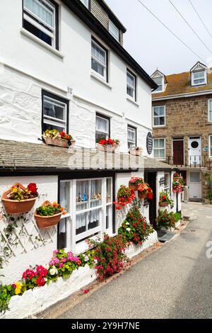 Äußere eines weißen Häuschens mit roten Blumen (Downlong Cottgae Guest House), St Ives, Cornwall, England Stockfoto