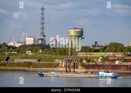 Der Rheinpark in Duisburg-Hochfeld, ehemaliges Industriegebiet, Stahlindustrie, 60 ha, groß, mit 1,4 km Uferpromenade, Gastronomie, Skater Park, Lo Stockfoto