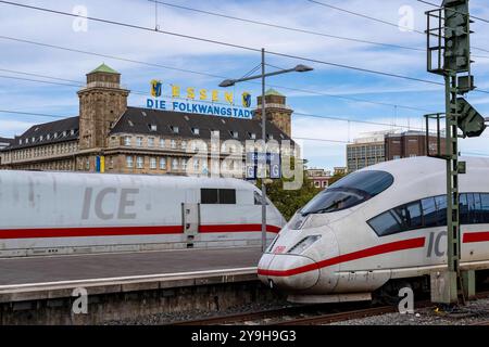 Hauptbahnhof Essen, ICE Züge auf den Gleisen, im Hintergrund der Handelshof, Innenstadt von Essen, NRW, Deutschland, HBF Essen *** Hauptbahnhof Essen, ICE-Züge auf den Gleisen, im Hintergrund der Handelshof, Stadtzentrum von Essen, NRW, Deutschland, Essen Hauptbahnhof Stockfoto