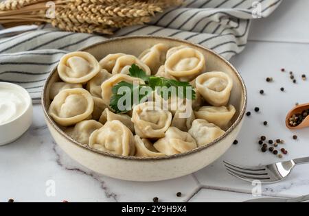 Frisch gekochte Knödel garniert mit Petersilie auf einem Teller. Stockfoto