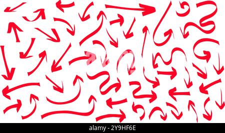 Eine Sammlung roter Pfeile in verschiedenen Stilen und Richtungen. Vektorabbildung Stock Vektor
