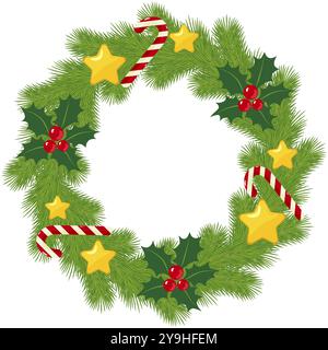 Dekorativer Weihnachtskranz mit stechpalme, Zuckerstangen und goldenen Sternen. Er kann für Weihnachtskarten, festliche Designs oder saisonale Dekoration verwendet werden. Stock Vektor