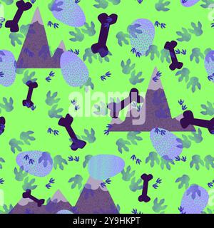 Tiere Fußabdrücke nahtloses Dinosaurier- und Eiermuster für Geschenkpapier Stockfoto