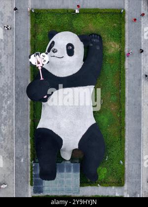 CHENGDU, CHINA - 9. OKTOBER 2024 - Eine 26 Meter lange Skulptur des schwersten Riesenpandas der Welt, mit einem Gewicht von 130 Tonnen, liegt auf dem Boden und hält eine se Stockfoto