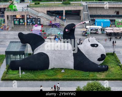 CHENGDU, CHINA - 9. OKTOBER 2024 - Eine 26 Meter lange Skulptur des schwersten Riesenpandas der Welt, mit einem Gewicht von 130 Tonnen, liegt auf dem Boden und hält eine se Stockfoto