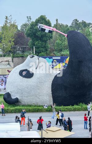 CHENGDU, CHINA - 9. OKTOBER 2024 - Eine 26 Meter lange Skulptur des schwersten Riesenpandas der Welt, mit einem Gewicht von 130 Tonnen, liegt auf dem Boden und hält eine se Stockfoto