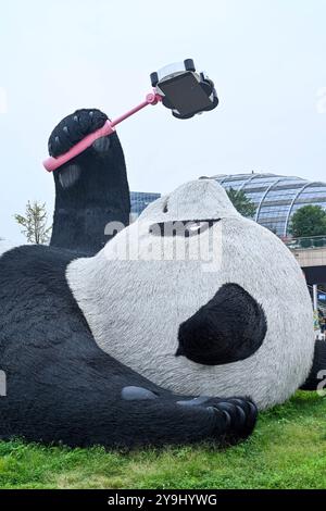 CHENGDU, CHINA - 9. OKTOBER 2024 - Eine 26 Meter lange Skulptur des schwersten Riesenpandas der Welt, mit einem Gewicht von 130 Tonnen, liegt auf dem Boden und hält eine se Stockfoto