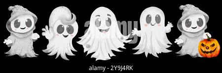 Aquarellset mit freundlichen emotionalen Halloween-Geistern. Sie lächeln und winken wohlwollend mit den Händen. Schwarzer Hintergrund, Zeichentrickstil. Handgezeichnet Stockfoto