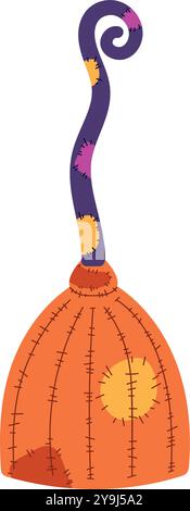 Geschwungener Halloween Besenstiel mit bunten genähten Aufnähern, Vektor Stock Vektor