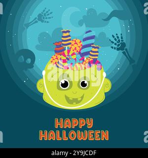Happy Monster Süßigkeiten Eimer mit gruseligen Hintergrund, Vector Stock Vektor