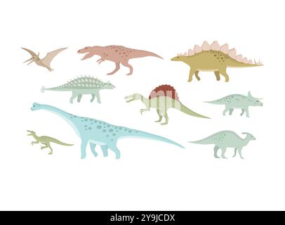 Vektorsatz von flachen Hand gezeichneten Dinosauriern isoliert auf weißem Hintergrund Stock Vektor
