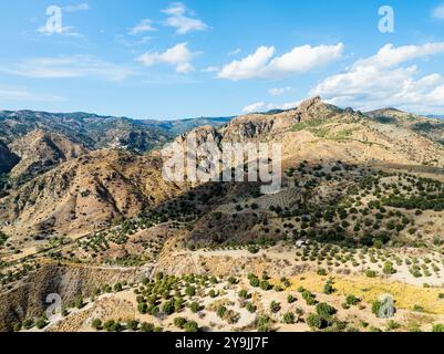 Berge und Olivenhaine rund um Geisterstadt von einer Drohne, Pentedattilo Village, Kalabrien, Italien, Europa Stockfoto