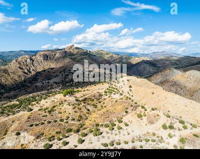 Berge und Olivenhaine rund um Geisterstadt von einer Drohne, Pentedattilo Village, Kalabrien, Italien, Europa Stockfoto