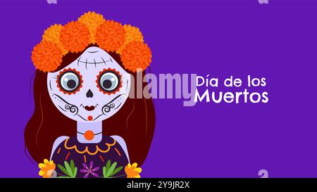 Tag des Todes. Dia De Los Muertos. Traditioneller mexikanischer Feiertag zu Ehren der Seelen des Verstorbenen. Mädchen mit einem Kranz aus Ringelblumen. Entwerfen Sie Postkartenbanner. Vektor. Stock Vektor