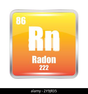 Radon-Symbol. RN chemisches Element. Atomzahl 86. Masse 222. Gelber quadratischer Vektor. Stock Vektor