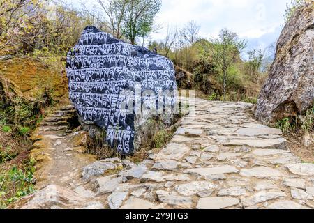 Mani-Steine mit heiligen Symbolen in den nepalesischen Himalaya-Bergen auf einem Wanderweg. Religiöser heiliger Ort in Nepal Stockfoto