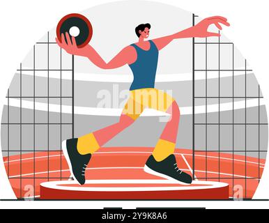 Diskus werfen Athletik Vektor Illustration mit einem Athleten werfen eine Holzscheibe in einer Sportmeisterschaft mit einem flachen Stil Cartoon Hintergrund Stock Vektor