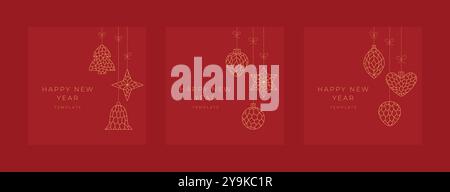 Luxuriöse Weihnachtseinladung, Grußkarte, Banner, Kunst, Designvorlagen. Goldene Linie Frohe Weihnachten, frohe Neujahrsbaumkugel, Ball, Glocke. Stock Vektor