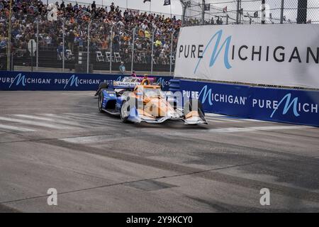 Der Fahrer DER NTT INDYCAR-SERIE SCOTT DIXON (9) aus Auckland, Neuseeland, fährt während des Grand Prix von Detroit auf den Straßen von Detroit in durch die Kurven Stockfoto