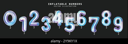Anzahl der Referenzkreise legt das Vektordesign fest. Ballons Zahlen aufblasbare Elemente Kollektion isoliert in Schwarz für Geburtstags- und Jubiläumsfeiern Stock Vektor
