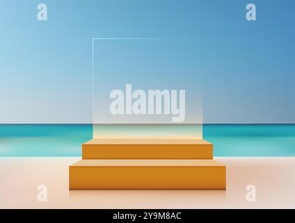 3D-Podium mit zwei Stufen an einem Sandstrand unter klarem blauen Himmel und Meer ist ideal für die Präsentation von Produkten oder Kosmetika. Perfekt für Modelle, Produkt d Stock Vektor