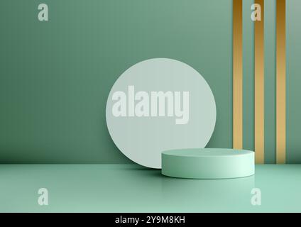Eine moderne minimalistische Szene mit einem grünen zylindrischen Podium, einem großen weißen Kreis und goldenen vertikalen Streifen. Ideal für Produktdisplays oder Modelle Stock Vektor