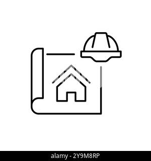 Bauplan und Schutzhelm. Architektonische Planung und Bauarbeiten. Immobilieninvestitionen, Immobilienbauprozess. Pixel perfekt, bearbeitbar Stock Vektor