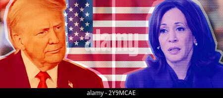 Fotocollage mit Halbtoneffekt. Foto-Illustration Porträt von Donald Trump und Kamala Harris vor dem Hintergrund der amerikanischen Flagge. Stockfoto