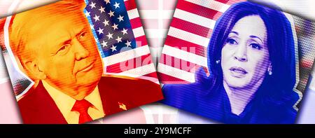 Fotocollage mit Halbtoneffekt. Foto-Illustration Porträt von Donald Trump und Kamala Harris vor dem Hintergrund der amerikanischen Flagge. Stockfoto