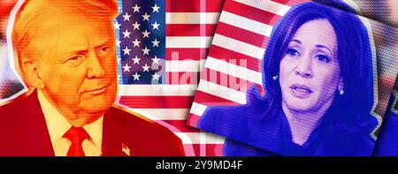 Fotocollage mit Halbtoneffekt. Foto-Illustration Porträt von Donald Trump und Kamala Harris vor dem Hintergrund der amerikanischen Flagge. Stockfoto