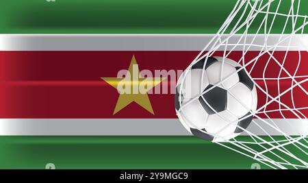 Fußball Fußball im Tornetz isoliert auf Suriname schattierte Flagge, Sportzubehör Ausrüstung zum Spielen, Meisterschaft Stock Vektor