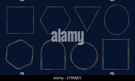 Set aus goldfarbenen Rahmen auf dunklem Hintergrund. Dekorative Elemente für Hochzeitseinladungen, große Eröffnung, Grußkarte, Zertifikat. Vektorillustrat Stock Vektor