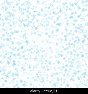 Himmelblaue Schneeflocken fallen auf weißen Hintergrund. Schneefall Textur für Weihnachten oder Neujahr Grußkarte, Banner. Vektorabbildung Stock Vektor