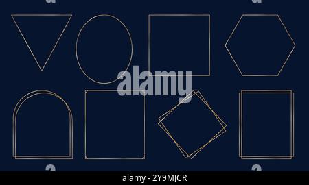 Set aus dünnen goldenen Rahmen auf dunklem Hintergrund. Goldene geometrische Ränder, dekorative Elemente für Vektorvorlagen Stock Vektor