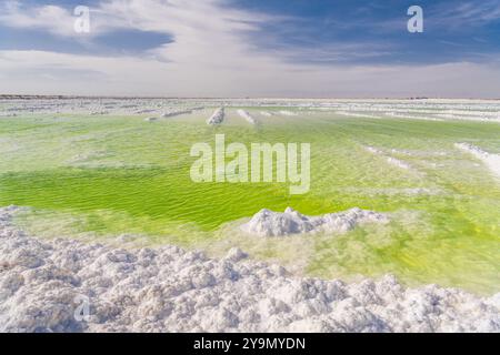 Riesiger Salzsee in Qinghai, China neben Golmud, blauer Himmel mit Platz für Text Stockfoto